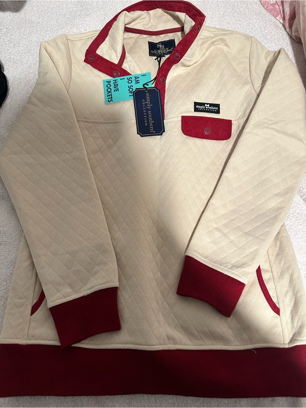 Simply Southern Cream Quilted Pullover with Burgundy Trim